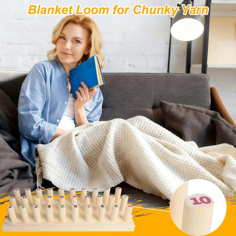 Woman holding a book on a sofa with a 46 Inch Wooden Chunky Yarn Loom For Blankets with Numbered Pegs No Fuss Easy To Use Knitting Loom.