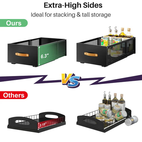 Heavy Duty Pull Out Cabinet Organizer With Expandable Depth And Raised Base For Framed Kitchen Cabinets No Sweat Install Adhesive Roll Out Shelf Setup In Black One Pack, comparison of high and low side storage.