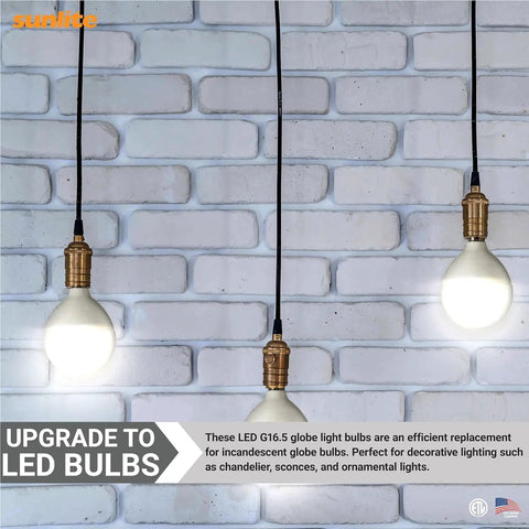 Hanging G16.5 Globe LED Bulbs 7W 60W Equivalent Dimmable E12 Candelabra Frosted against brick wall