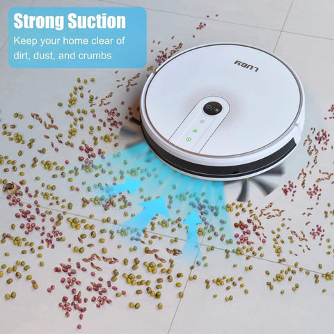 Ultra Slim Robot Vacuum And Mop Cleaner With WiFi App Control Auto Recharge 1600Pa Suction cleaning scattered beans on tile floor
