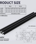 Four 1500mm 2040 V-Slot Aluminum Extrusion Profiles In Silver, Beefy Precision, Anodized Finish For Tough, Smooth Build Frames And Easy DIY Projects Today. Black 2040V aluminum extrusion, 40x20mm European standard, size diagram shown.