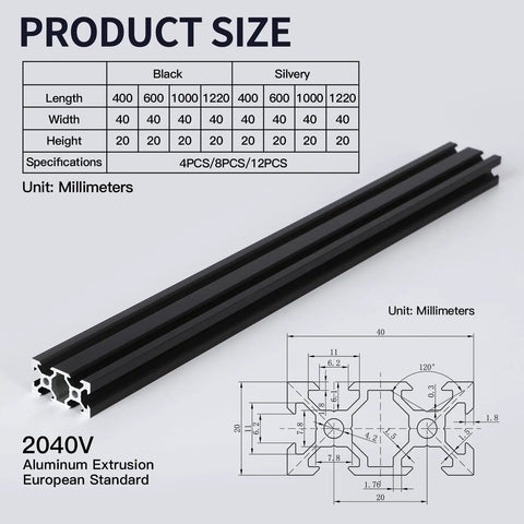 Four 1500mm 2040 V-Slot Aluminum Extrusion Profiles In Silver, Beefy Precision, Anodized Finish For Tough, Smooth Build Frames And Easy DIY Projects Today. Black 2040V aluminum extrusion, 40x20mm European standard, size diagram shown.