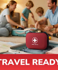 Front view of a red hard-shell first aid kit with a white cross on an open suitcase.