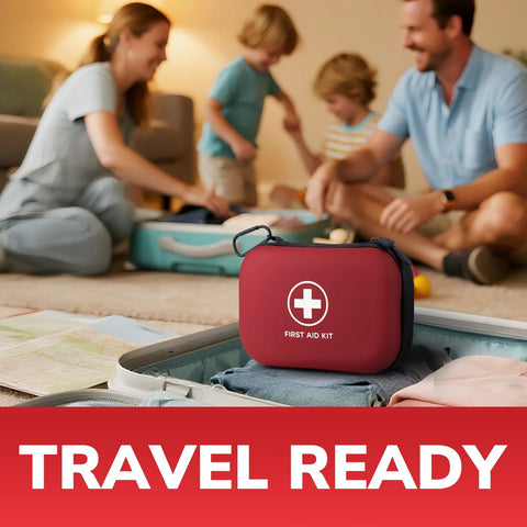Front view of a red hard-shell first aid kit with a white cross on an open suitcase.