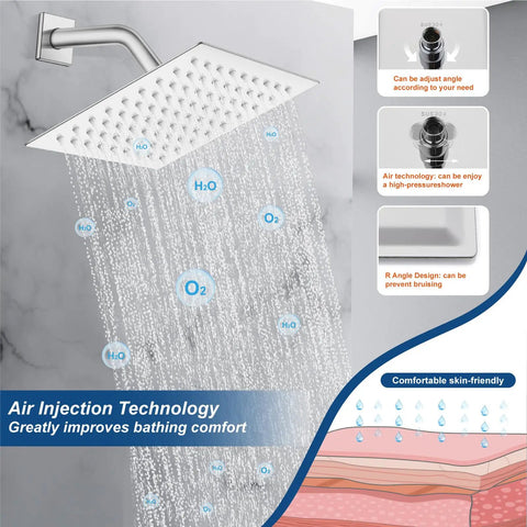 Polished Chrome Rain Shower System With 8-Inch Square Rain Shower Head, Wall-Mount Design, displaying water flow and air injection technology.