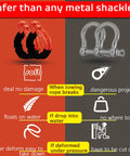 Comparison of Soft Shackle One Half Inch By Twenty Two Inch Recovery Rope and metal shackle, highlighting safety features.