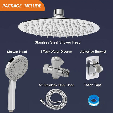 Package contents of High-Pressure 8 Inch Rain Shower Head With Hose And 5-Setting Handheld Sprayer in stainless steel chrome finish
