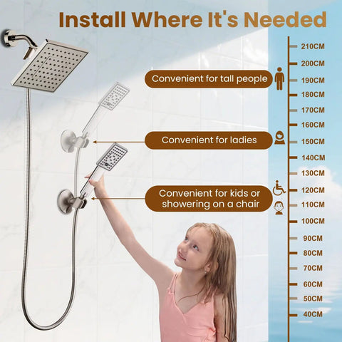 Dual Shower Head System With 8 Inch Square Rainfall Head And Handheld Spray 60 Inch Hose 3 Way Diverter Wall Mount Bracket Brushed Nickel Finish For A Dope Spa Like Bath Upgrade with height chart illustration