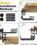 Three installation methods for under desk cable management tray, steel wire organizer with five cord dividers, no drill setup