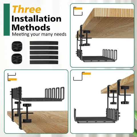 Three installation methods for under desk cable management tray, steel wire organizer with five cord dividers, no drill setup
