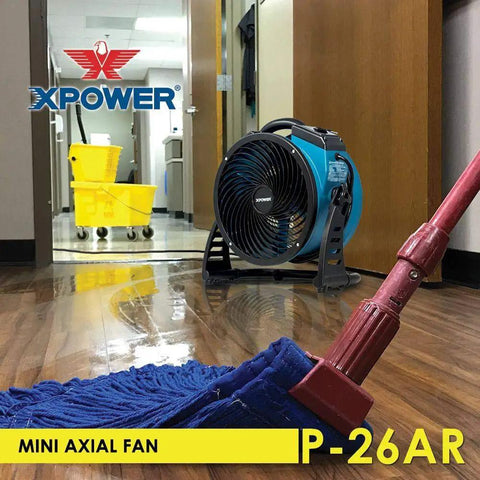 Industrial Axial Air Mover With Built In Power Outlets for water damage restoration and home use shown on office floor