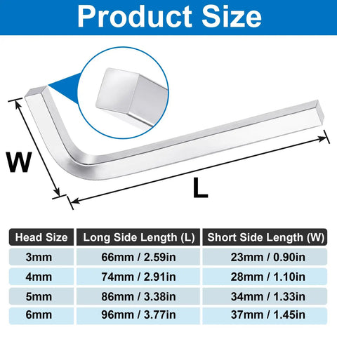 Product size chart for Four Piece L Shaped Square Head Wrench Set With 3mm 4mm 5mm And 6mm Sizes, showing dimensions.