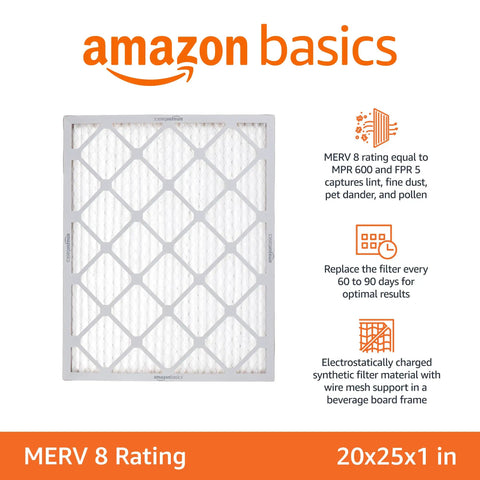 20x25x1 Air Filter 6 Pack MERV 8 for HVAC Furnace and AC Electrostatic Dust Pollen Allergy Control, Amazon Basics
