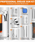 Front view of 18-piece heavy-duty grease gun kit with 14oz grease, hoses, nozzles, extension pipes and accessories