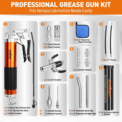 Front view of 18-piece heavy-duty grease gun kit with 14oz grease, hoses, nozzles, extension pipes and accessories
