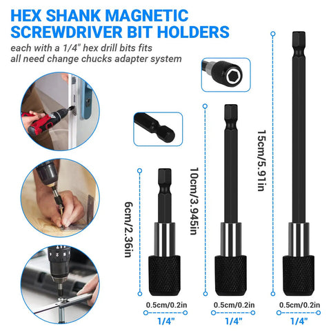 Hex shank magnetic screwdriver bit holders with sizes and application examples