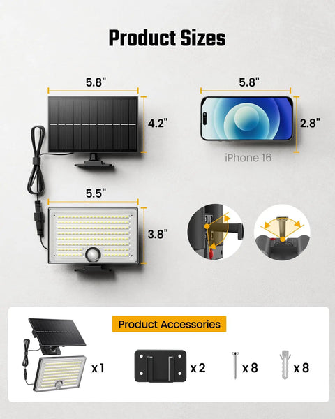 Mini Solar Flood Lights Outdoor With Motion Sensor 170 LED size comparison with smartphone and included accessories