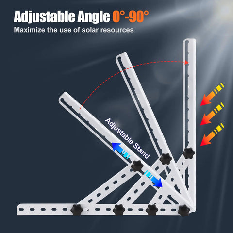 16 Inch Solar Panel Mounting Brackets Kit With Adjustable Tilt And Foldable Legs, showing 0-90 degree tilt range.