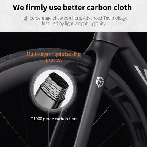 Close-up of a carbon road bike with 24 speed Shimano 105 Di2 7170 groupset, showing T1000 carbon fiber wheel detail