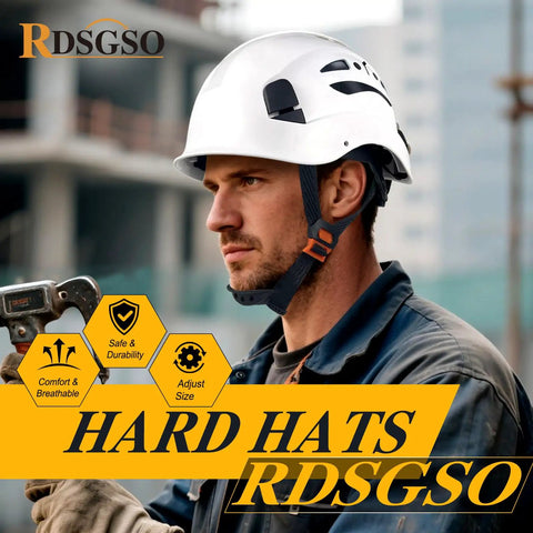 Side view of man wearing Breathable Lightweight Construction Safety Helmet With Dual Side Vents And 6 Point Suspension.