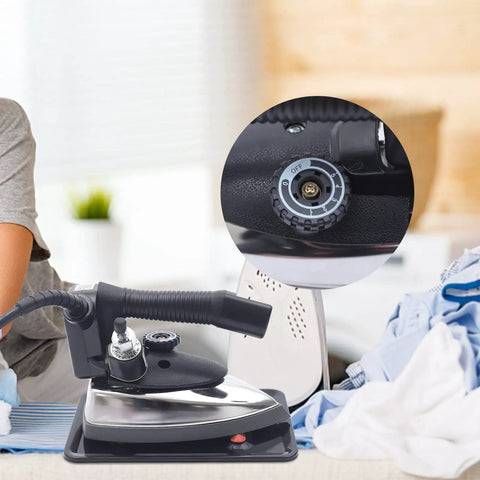 Heavy Duty Workhorse Gravity Feed Steam Iron With Hefty 3L Reservoir And Slick Nonstick Soleplate adjustable temperature dial in close-up.