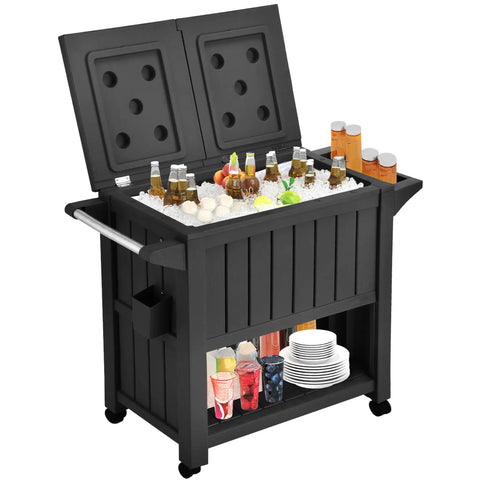 85 Quart Rolling Patio Cooler On Wheels With Drainage And Bottle Opener Open Storage And Bottom Shelves For Pool Deck Parties Outdoor BBQs Beverages Ice Chest Cart With Trash Can Spice Rack And Extra Storage