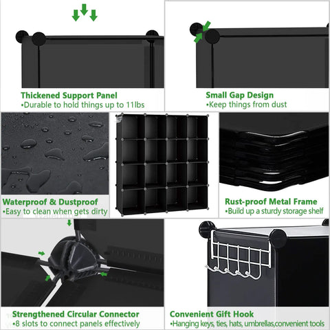 Diagram showing features of Sturdy 16 Cube Space Saving Storage Organizer With DIY Modular Design For Home And Bedroom Open Display Unit Black Plastic Cube Shelves Closet Organizer 48.4 In Long By 12.4 In Wide By 48.4 In High including connectors and hooks.