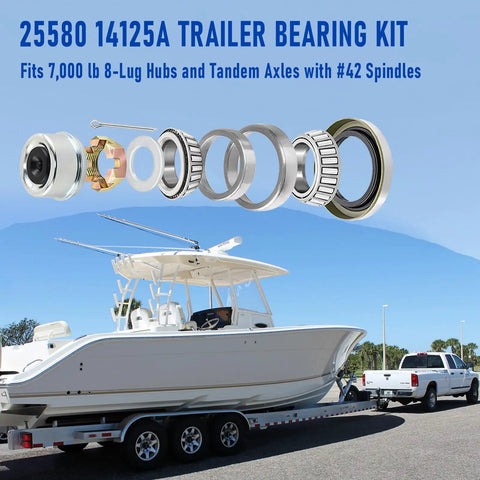 Four Sets 7000 Lb Boat Trailer Axle Bearing Kit With 25580 14125A Bearings and Seals, Fits 8-Lug Hubs and 42 Spindles
