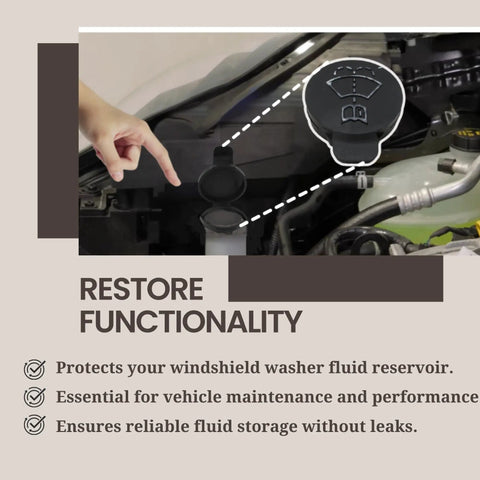 OEM Replacement Windshield Washer Fluid Cap Direct Fit For 12767700 13227300 19172571 Easy Install Fits Chevrolet Cadillac GMC Models 2010 To 2021 No Leak Secure Seal No Fuss Replacement shown installed in engine bay, finger pointing towards it.