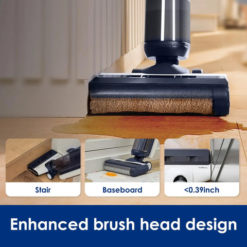 Smart Cordless Wet And Dry Vacuum Mop Combo Cleans Hard Floors Without Breaking A Sweat And Sweeps Up Stubborn Pet Hair Like A Boss With Auto Sensor Tech And Crisp Digital Screen, enhanced brush head design near stairs.