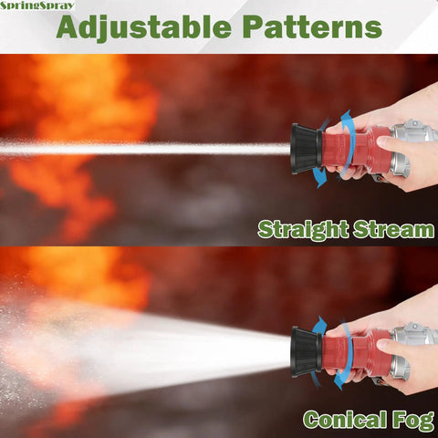 Built Tough 2-Inch NPSH Fire Hose Nozzle with adjustable patterns for straight stream and conical fog, shown in action.
