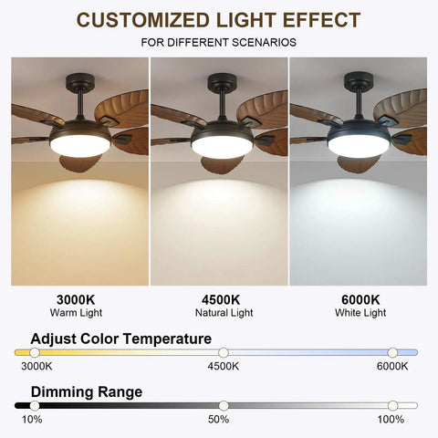 Customized light effect of 52 Inch Brown Tropical Outdoor Palm Leaf Ceiling Fan With Integrated Lights.
