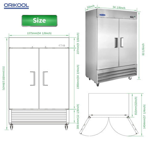 Top Notch Commercial Reach In Upright Freezer 49 Cubic Feet 54 Inch Wide Stainless Steel Frame dimensions and features illustration.