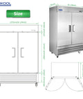 54 Inch Commercial Upright Freezer 49 Cu Ft Stainless Steel Reach In Workhorse With Six Heavy Duty Shelves Hella Efficient R290 Cooling measurements and design details.