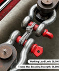 Close-up of 2 Pack Synthetic Soft Shackle 7 16 Inch 20 Inch Rope Shackle With Extra Sleeves 48000 Lbs Breaking Strength For Off Road Recovery SUV ATV Jeep Boat Sailing And Marine Use connected to red and metal hardware