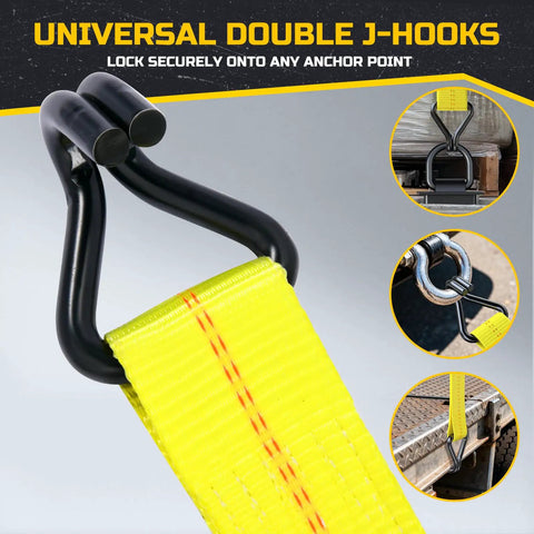 Close-up of yellow strap with universal double J-hooks, part of Heavy Duty Car Tie Down Straps For Trailers 4 Pack 2 Inch By 10 Feet.