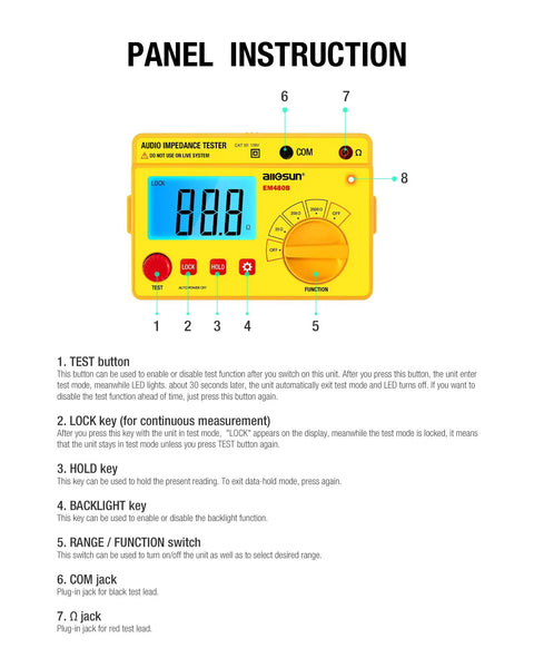 EM480B Audio Impedance Tester With Digital LCD Display panel instructions diagram