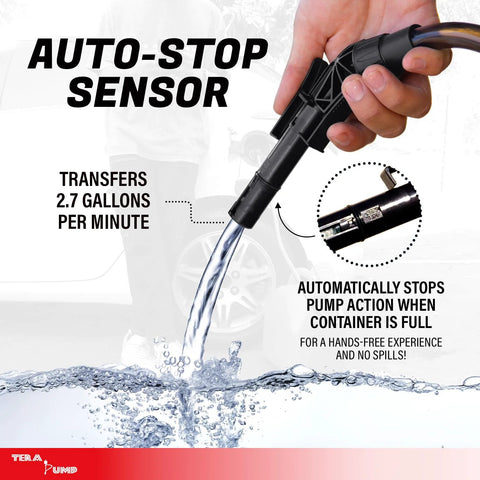 5th Gen Fuel Transfer Pump With Overfill Protection 2.7 GPM Universal Gas Can Adapter in action, showing auto-stop feature.