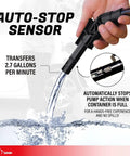 Next Gen Gas Can Pump With Ergonomic Non Spill Auto Stop Nozzle And Vinyl Discharge Hose shown in action, dispensing water.