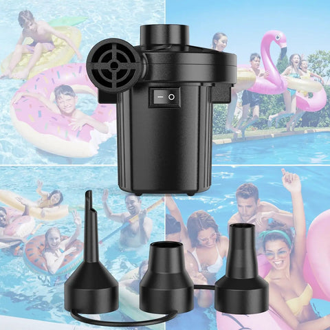 Portable Handy Quick Fill Air Pump For Inflatables With Three Nozzles 110-120V showing poolside use with floats