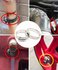 Stainless steel worm-gear hose clamp set, 40 pcs, adjustable 8–44 mm, shown installed on pipes and hoses.