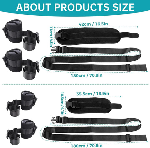Product dimensions of 4-Piece Medical Restraint System For Senior Care, Black Ankle And Wrist Straps With Hospital Bed Safety Straps.