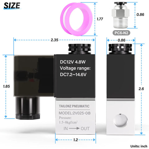 12V 1/4 Inch NPT Electric Solenoid Air Valve, 2 Way Normally Closed, dimension details, Model 2V025-08, pneumatic system component