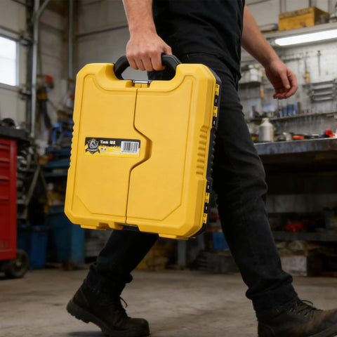 Person carrying 57 Piece Home Tool Kit With Durable Plastic Toolbox For Quick Home Repairs And DIY Projects in a workshop