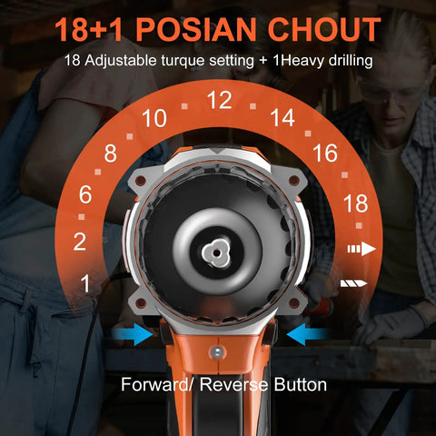 Close-up of 21V Cordless Drill Kit with 3/8 Inch Keyless Chuck illustrating clutch settings