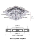 Diagram of 9.8 Inch Square Crystal Flush Mount LED Ceiling Light With K9 Crystal Mirror Base, Cool White 6500K, dimensions and fixing plate shown.