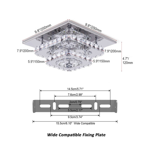 Diagram of 9.8 Inch Square Crystal Flush Mount LED Ceiling Light With K9 Crystal Mirror Base, Cool White 6500K, dimensions and fixing plate shown.