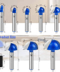 8 Piece Cove Box Round Nose Router Bit Set With 1 Quarter Inch Shank Carbide Tipped Core Box Router Bits sizes diagram