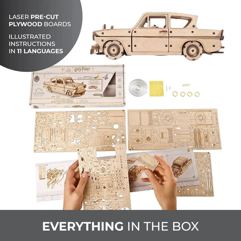 Harry Potter Flying Ford Anglia 3D Puzzle Kit For Adults With Spring Drive DIY Flying Car Model, laser-cut plywood boards and instructions