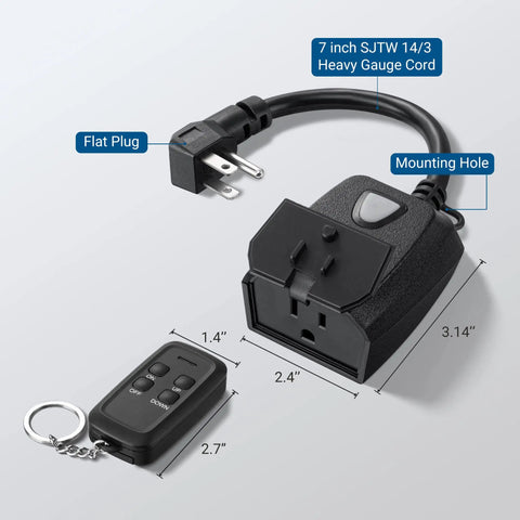 Outdoor String Light Dimmer With Remote Control Weatherproof Plug In Dimmer Switch for dimmable LED and tungsten bulbs, 7-inch cord.